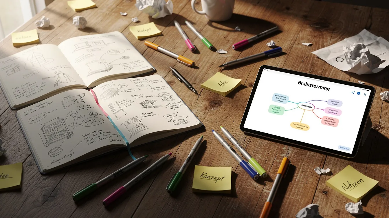 Auf einem Holztisch liegen Notizbücher, Stifte und ein Tablet, die eine kreative Brainstorming-Szene für die Erstellung von Inhalten darstellen. Diese Umgebung eignet sich ideal für die Planung von Podcasts, sei es für einen KI-Podcast oder die Entwicklung von Skripten und Themen für zukünftige Episoden.