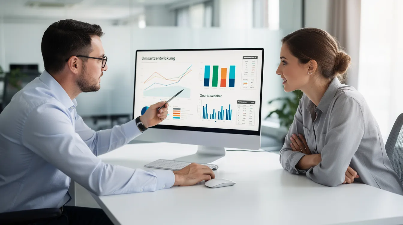 Zwei Personen stehen an einem modernen Arbeitsplatz und betrachten gemeinsam einen Bildschirm, der mit Datenvisualisierungen gefüllt ist. Diese Szene spiegelt den Einfluss von Künstlicher Intelligenz auf die Arbeitswelt wider, da KI-Technologien zunehmend Aufgaben und Berufe verändern.