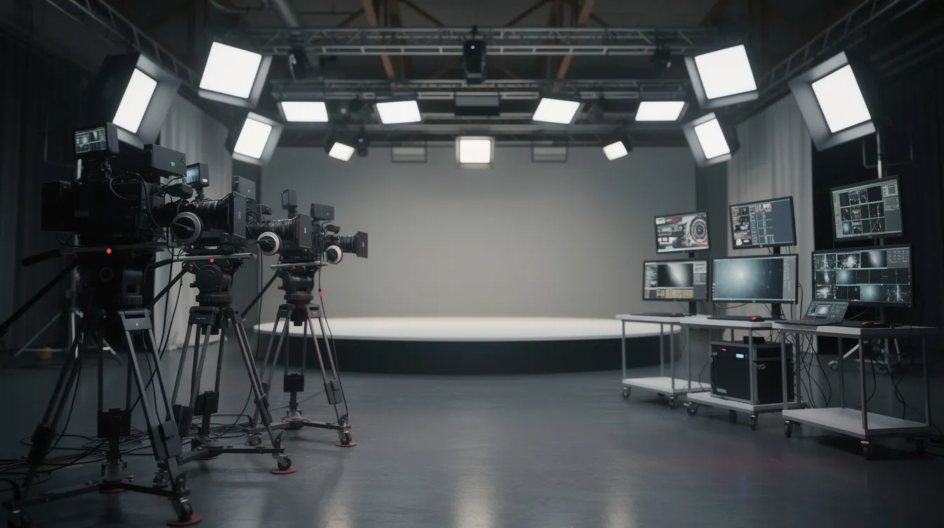 Im modernen Studio sind mehrere Filmkameras und Monitore auf eine leere Bühne ausgerichtet, bereit für die Aufnahme von Szenen. Die technische Ausstattung deutet auf den Einsatz von fortschrittlicher Videotechnologie und künstlicher Intelligenz hin, um qualitativ hochwertige Inhalte zu erstellen.