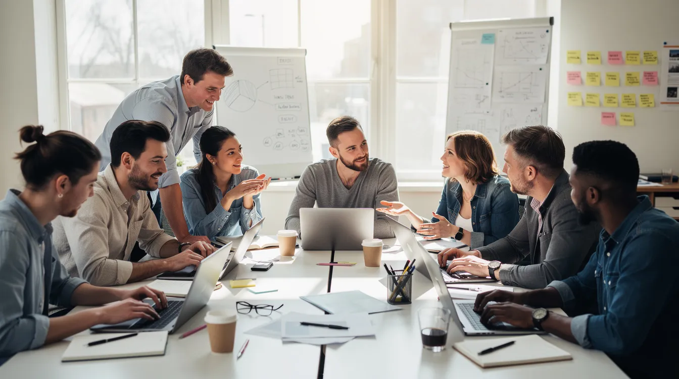 Eine Gruppe von Personen arbeitet gemeinsam an Laptops in einem Workshop-Setting, diskutiert aktiv über den Einsatz von künstlicher Intelligenz (KI) und teilt ihre Erkenntnisse und Ideen. Die Atmosphäre ist kooperativ, während sie sich mit den Herausforderungen und Chancen der KI-Technologien auseinandersetzen.