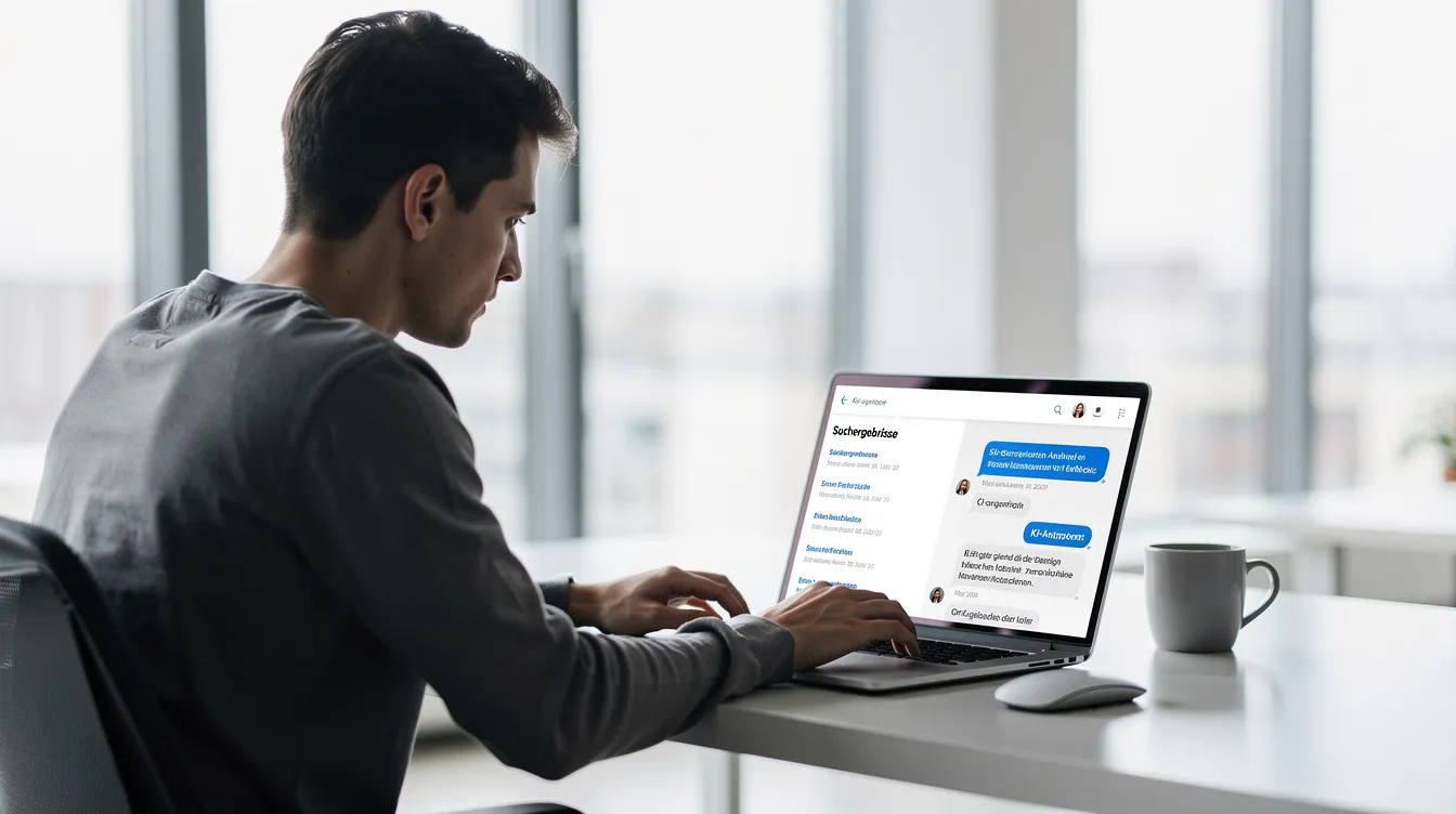 Eine Person sitzt an einem Laptop und vergleicht auf einem modernen Bildschirm Suchergebnisse und KI-generierte Antworten. Die Szene verdeutlicht die Anwendung von KI-Systemen in der Online-Marketing-Strategie und die Optimierung von Inhalten für Suchmaschinen.