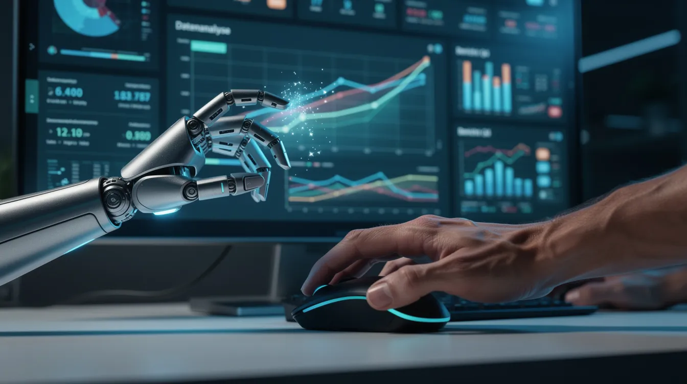 In der Abbildung sind eine Roboterhand und eine menschliche Hand zu sehen, die gemeinsam an einem Bildschirm arbeiten, auf dem Daten und Diagramme angezeigt werden. Diese Interaktion symbolisiert die Zusammenarbeit von KI-Systemen und Menschen in der modernen Arbeitswelt zur Optimierung von Geschäftsprozessen und zur Unterstützung bei Entscheidungsfindungen.
