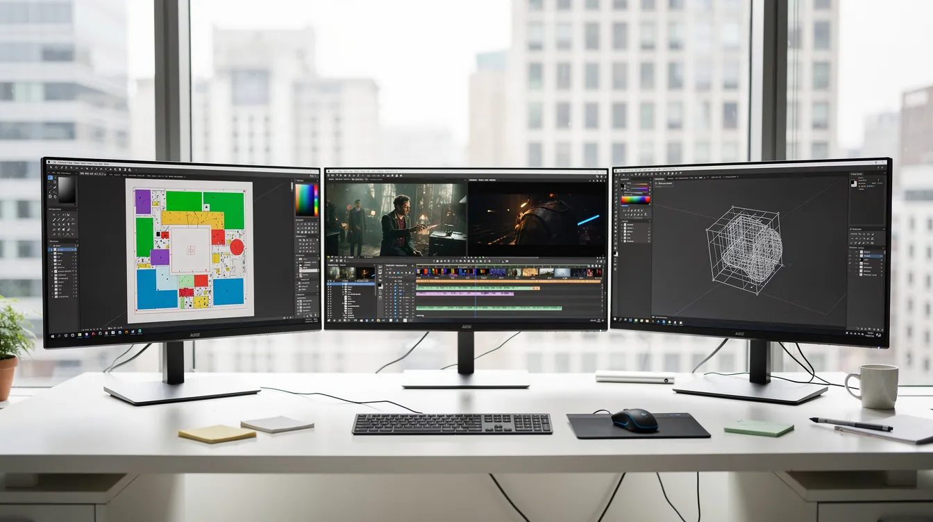 Das Bild zeigt einen modernen Arbeitsplatz mit mehreren Monitoren, auf denen verschiedene kreative Software-Oberflächen angezeigt werden. Die Umgebung ist gut beleuchtet und vermittelt eine produktive Atmosphäre für Entwickler, die mit Künstlicher Intelligenz und Videotechnologie arbeiten.