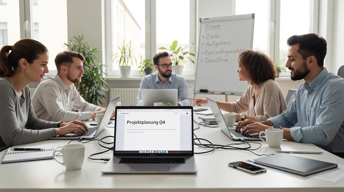 In einem hellen Büro arbeiten fünf Personen gemeinsam an Laptops, während sie ihre Aufgaben mit Unterstützung von Microsoft 365 Copilot und anderen Technologien koordinieren. Die Atmosphäre ist produktiv, da sie Informationen und Ideen austauschen, um ihre täglichen Herausforderungen effizient zu bewältigen.