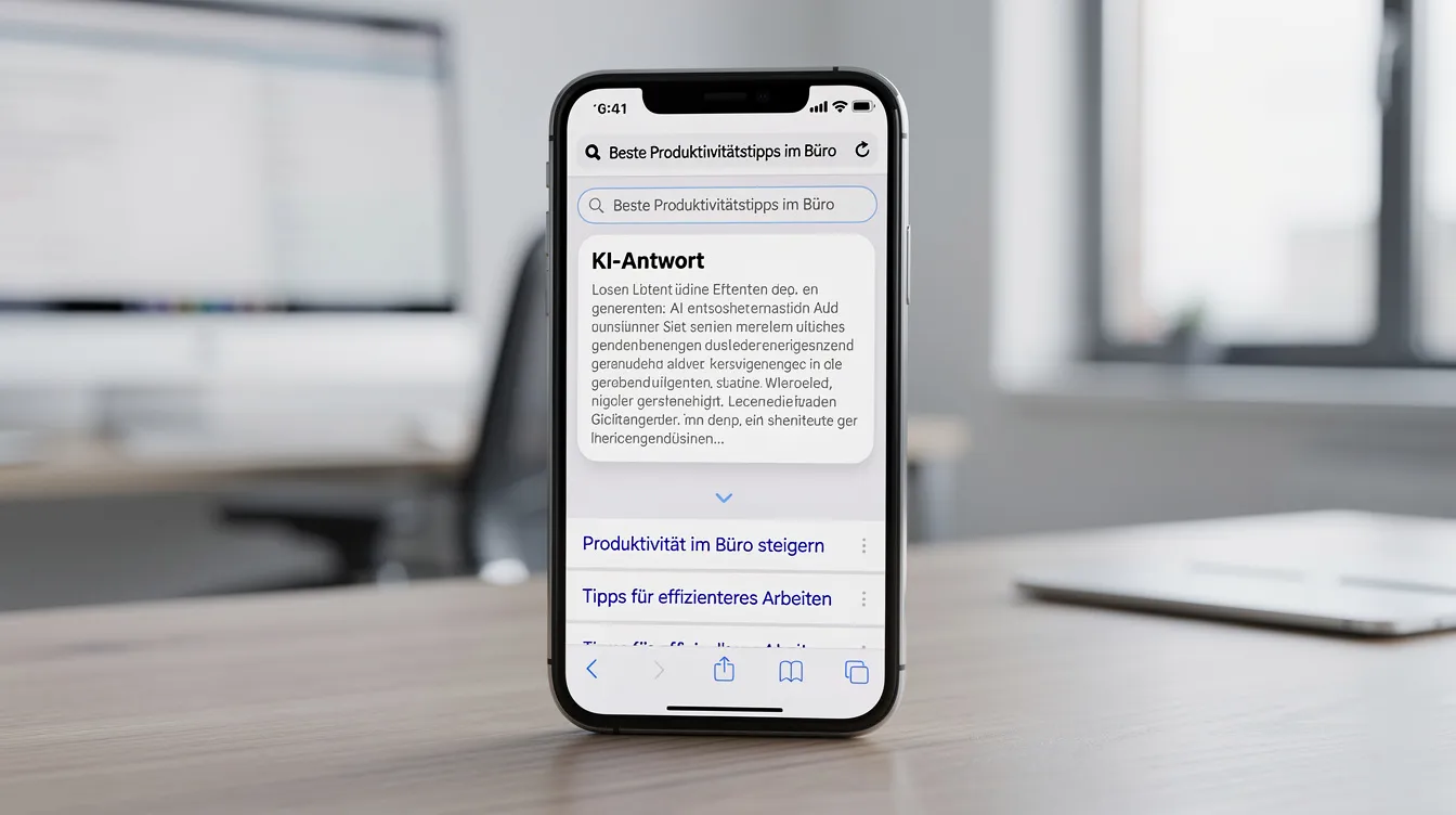 Ein Smartphone liegt auf einem modernen Schreibtisch und zeigt eine Suchmaschine, die KI-generierte Antworten präsentiert. Im Hintergrund ist ein stilvolles Büro zu sehen, das eine produktive Arbeitsumgebung vermittelt.