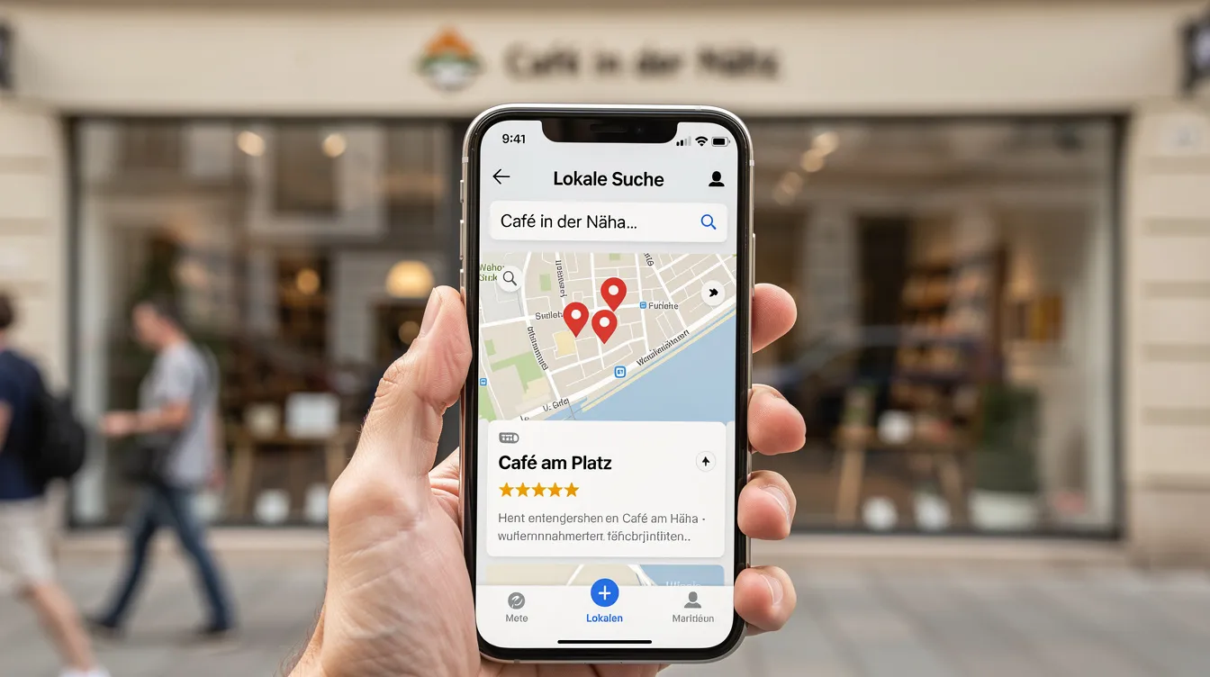 Die Bildbeschreibung zeigt die Fassade eines lokalen Geschäfts, während im Vordergrund ein Smartphone zu sehen ist, das eine lokale Suche mit einer KI-gestützten Suchmaschine anzeigt. Diese Darstellung verdeutlicht die Sichtbarkeit und den Einfluss von KI-Systemen auf das Suchverhalten der Nutzer.