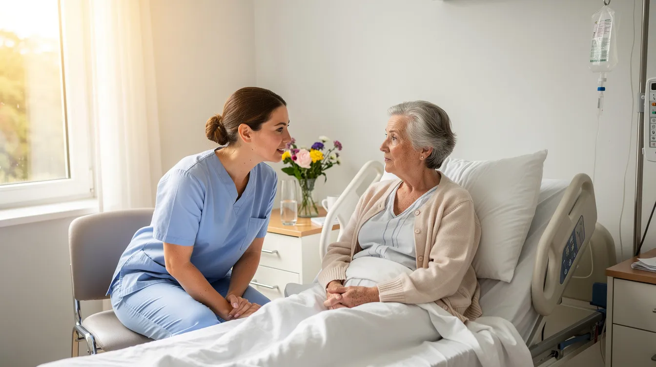 In einem hellen Krankenzimmer führt eine Pflegekraft ein einfühlsames Gespräch mit einer älteren Person, wobei der Menschenkontakt und die individuelle Betreuung im Mittelpunkt stehen. Diese Szene zeigt die wichtige Rolle von Pflegeberufen in der Arbeitswelt, besonders im Kontext der Diskussion über die möglichen Auswirkungen von KI-Technologien auf verschiedene Berufsgruppen.