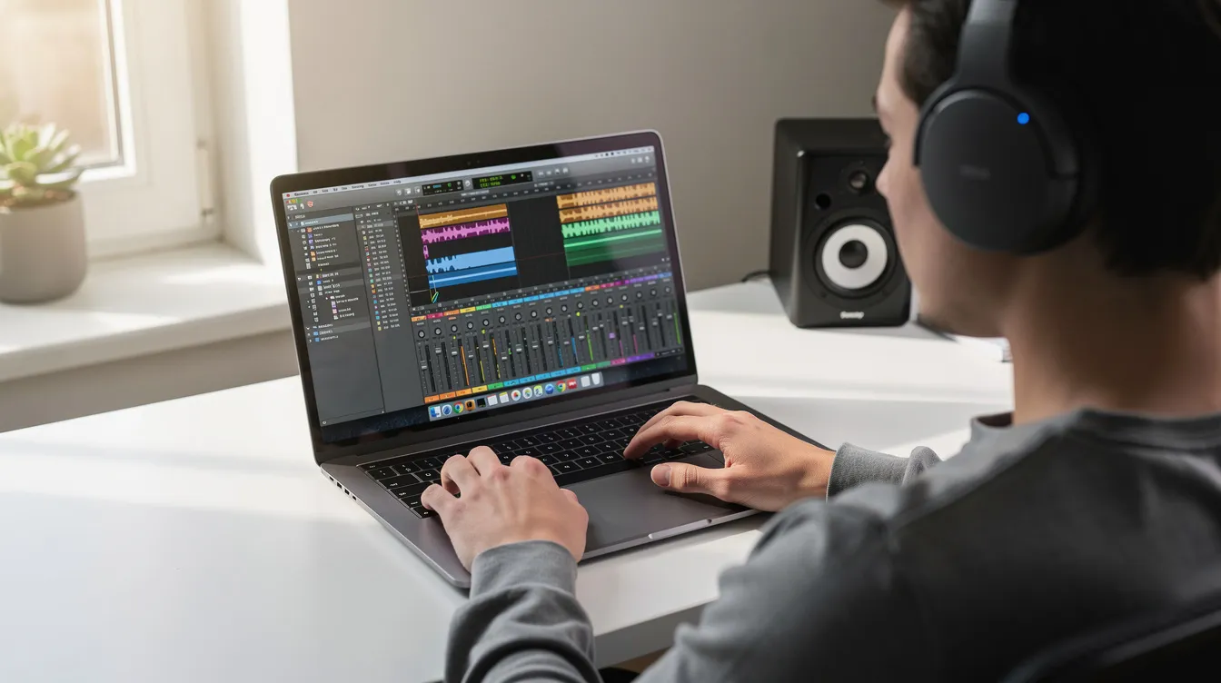 Eine Person sitzt mit Kopfhörern an einem modernen Laptop, auf dessen Bildschirm Audiowellenformen sichtbar sind, die auf die Erstellung eines Podcasts hindeuten. Die Szene vermittelt den Eindruck von kreativer Arbeit mit KI-Tools zur Podcast-Produktion.