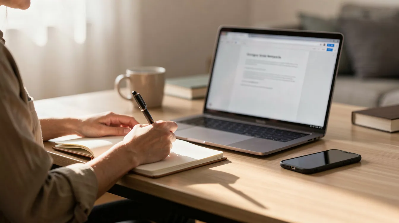 Eine Person sitzt an einem Schreibtisch und macht sich Notizen, während ein offener Laptop und ein Smartphone neben ihr liegen. Die Szene vermittelt den Eindruck von produktiver Arbeit, möglicherweise unterstützt durch KI-gestützte Systeme zur Informationssuche und -verarbeitung.