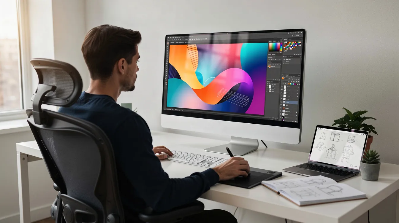 Eine Person arbeitet an einem modernen Schreibtisch, während ein großer Monitor farbenfrohe digitale Kunstwerke und kreative Designelemente zeigt. Die Arbeitsumgebung ist mit Adobe-Software wie Photoshop und Illustrator ausgestattet, die für die Erstellung von Grafiken und Inhalten für soziale Medien genutzt werden.