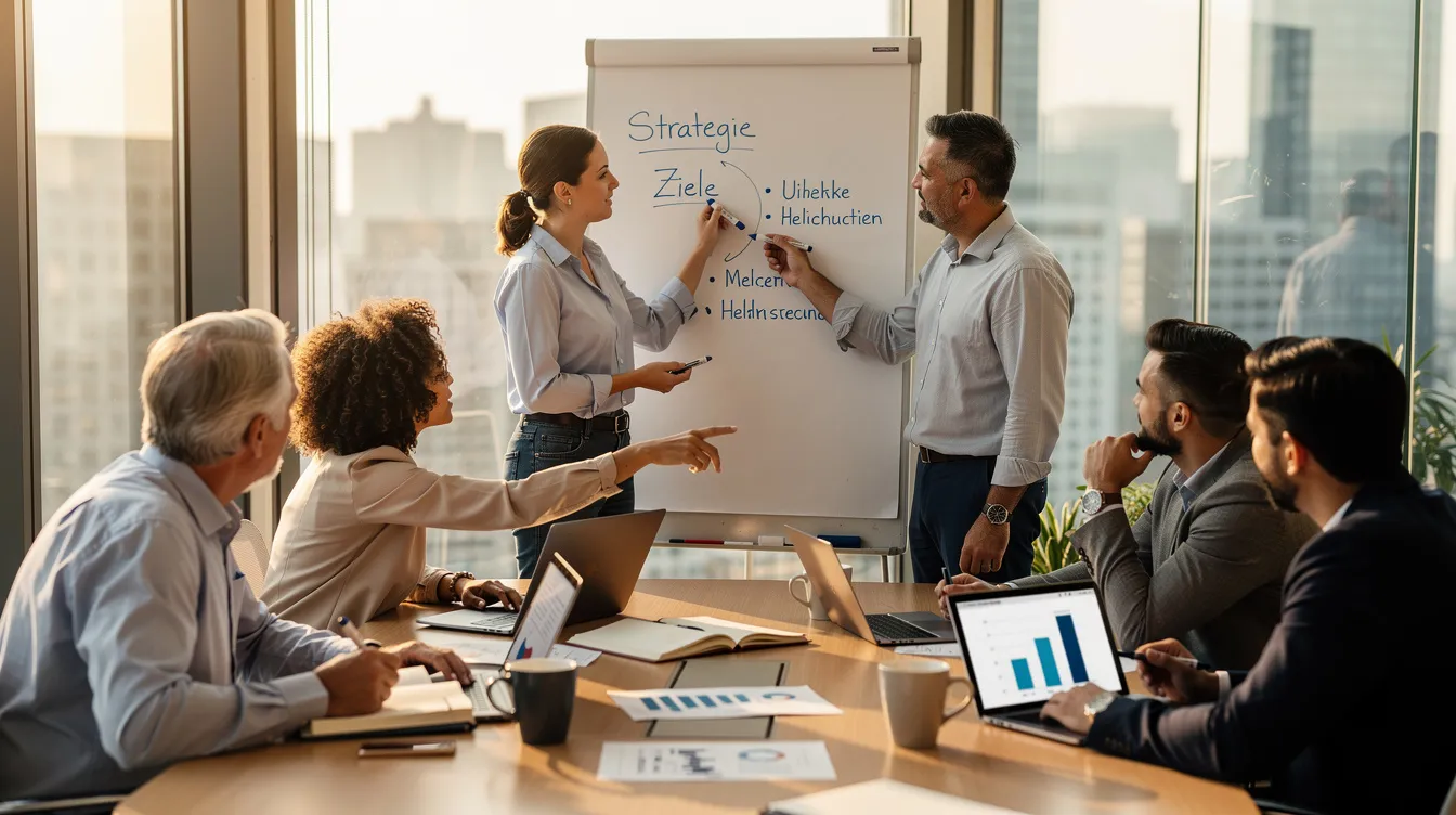 In einem modernen Besprechungsraum arbeiten diverse Fachleute gemeinsam an einem Whiteboard, um innovative Ideen zur KI-Transformation zu entwickeln. Die Gruppe diskutiert aktiv über KI-Strategien und deren Anwendungsmöglichkeiten in Unternehmen, während sie ihre Verantwortlichkeiten und Aufgaben festlegt.