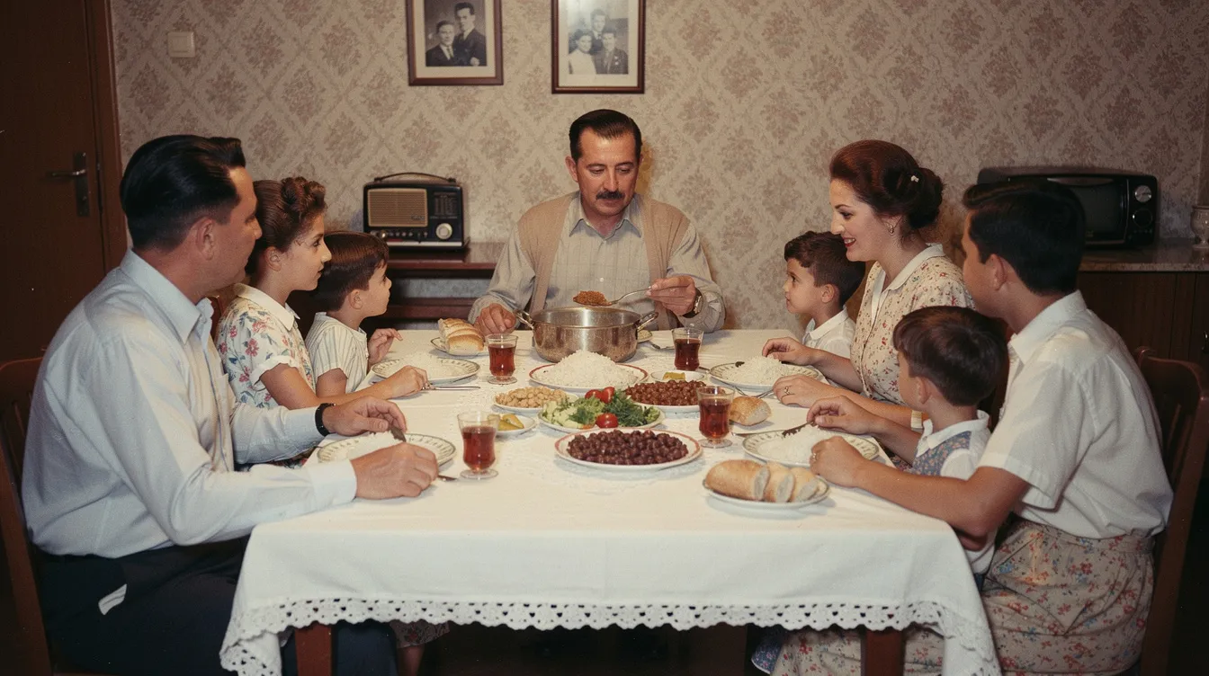Ein gedeckter Tisch mit einer türkischen Familie, bestehend aus Eltern und Kindern, die gemeinsam in den 1960er Jahren ihr Abendessen genießen. Die Szene vermittelt ein Gefühl von Zusammengehörigkeit und Tradition, während sie in einem gemütlichen Haus in Istanbul sitzen und die Zeit miteinander verbringen, ganz im Sinne von "öyle bir geçer zaman ki".