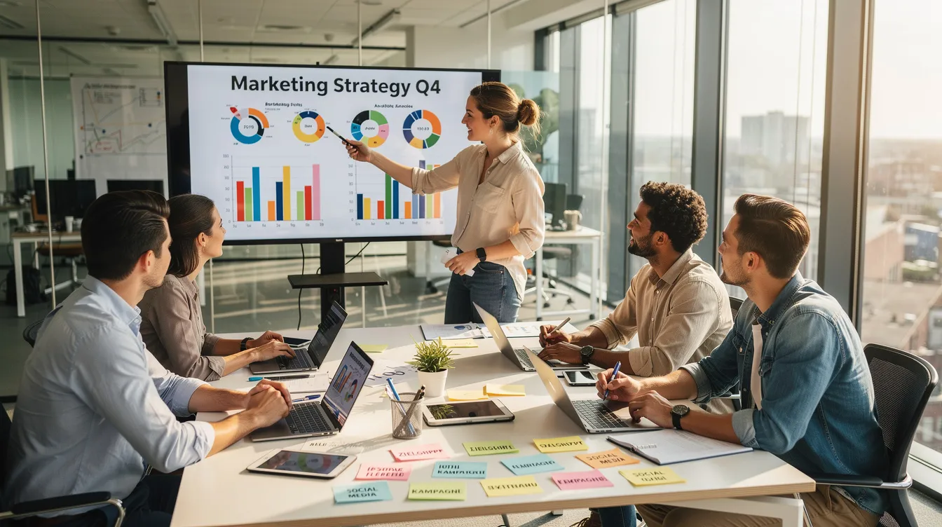 Ein Team von Menschen arbeitet in einem modernen Büro zusammen an einer Marketingstrategie, die sich auf Online-Marketing und SEO-Optimierung konzentriert. Sie diskutieren Maßnahmen zur Verbesserung der Sichtbarkeit von Unternehmen in Suchmaschinen und entwickeln Inhalte für verschiedene Kanäle, um die Effizienz ihrer Strategien zu steigern.