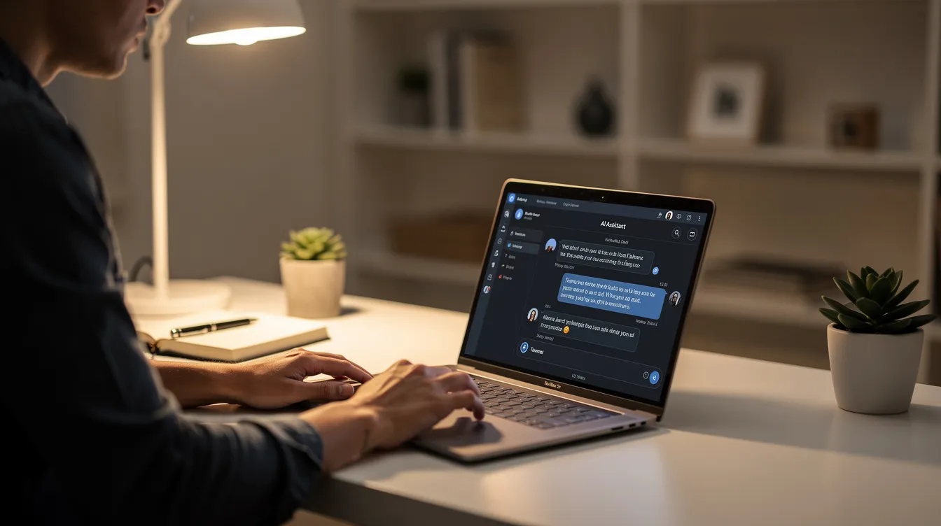 Eine Person arbeitet an einem modernen Schreibtisch, während sie auf einem Laptop eine leuchtende KI-Chatoberfläche betrachtet. Der Raum ist warm beleuchtet und der Arbeitsplatz wirkt ordentlich und aufgeräumt, ideal für die Nutzung von KI-Tools und das Generieren von Ideen.