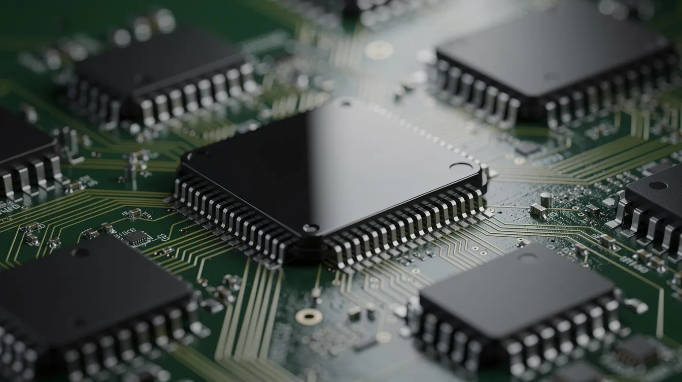 Die Nahaufnahme zeigt moderne Computerchips auf einer grünen Leiterplatte, die mit verschiedenen elektrischen Verbindungen und Komponenten versehen ist. Diese Technologie ist ein wichtiger Bestandteil von KI-Anwendungen und Machine Learning Tools, die in Unternehmen und für Automatisierungslösungen eingesetzt werden.