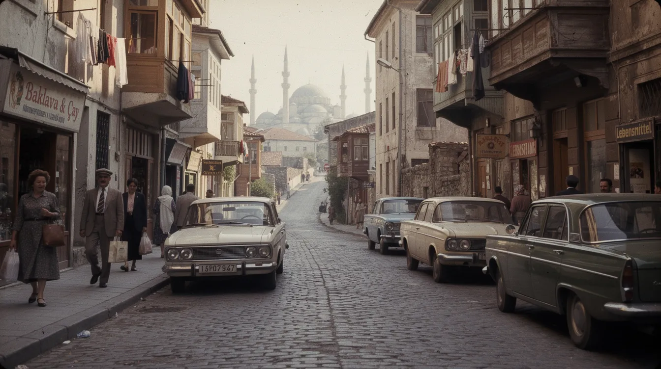 Die historische Straßenszene in Istanbul zeigt Kopfsteinpflaster, alte Autos und Passanten in typischer Kleidung der 1960er Jahre, die an das Leben in der Serie "Öyle bir geçer zaman ki" erinnern. Die Atmosphäre ist geprägt von nostalgischen Details, die die Vergangenheit lebendig werden lassen.