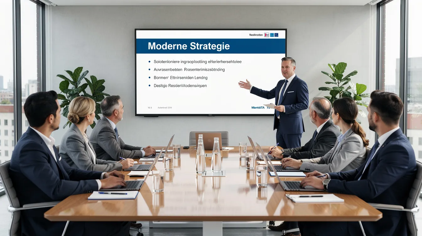 Eine moderne Besprechungssituation zeigt mehrere Mitarbeiter, die um einen Tisch versammelt sind und auf einen großen Bildschirm schauen, auf dem eine Präsentation mit wichtigen Informationen und Zahlen angezeigt wird. Die Umgebung ist technologisch ausgestattet, um den Austausch von Ideen und die Effizienz der Arbeit zu fördern, unterstützt durch Microsoft 365 und KI-Funktionen.