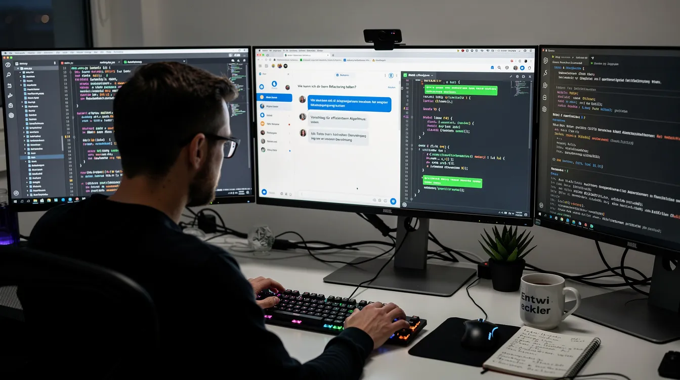 Ein Entwickler sitzt an einem Arbeitsplatz mit mehreren Monitoren, auf denen Code sichtbar ist, während KI-Assistenten wie GitHub Copilot und Microsoft Copilot Unterstützung bieten. Die Szene vermittelt das Gefühl des KI-Zeitalters, in dem Programmierung und Produktivität durch künstliche Intelligenz optimiert werden.