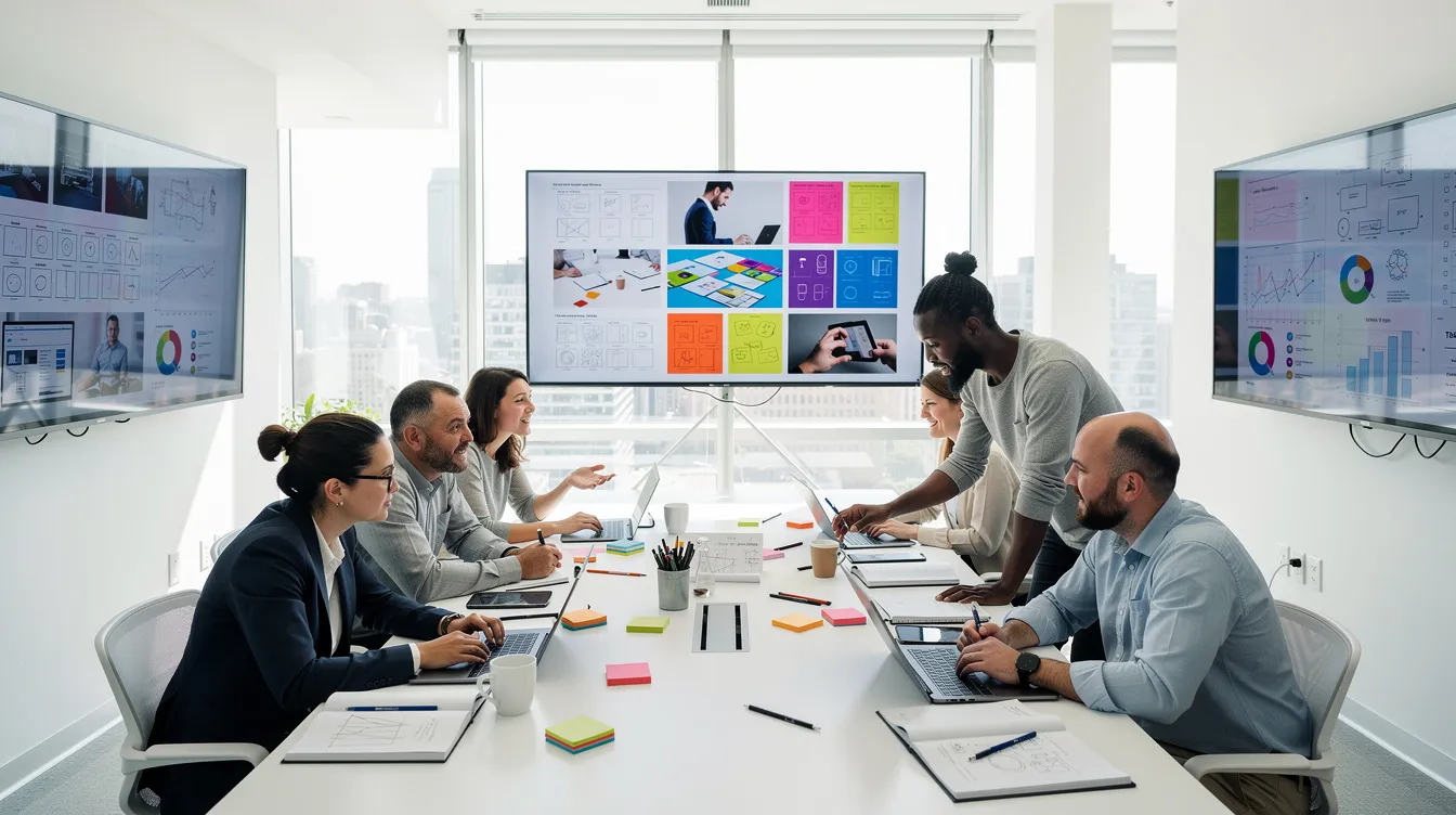 Eine Gruppe von Menschen arbeitet zusammen an einem großen Tisch in einem hellen, modernen Büro, umgeben von Bildschirmen, die kreative Projekte zeigen. Die Zusammenarbeit nutzt Tools wie Adobe Firefly und Creative Cloud, um innovative Inhalte für Social Media und Marketing zu erstellen.