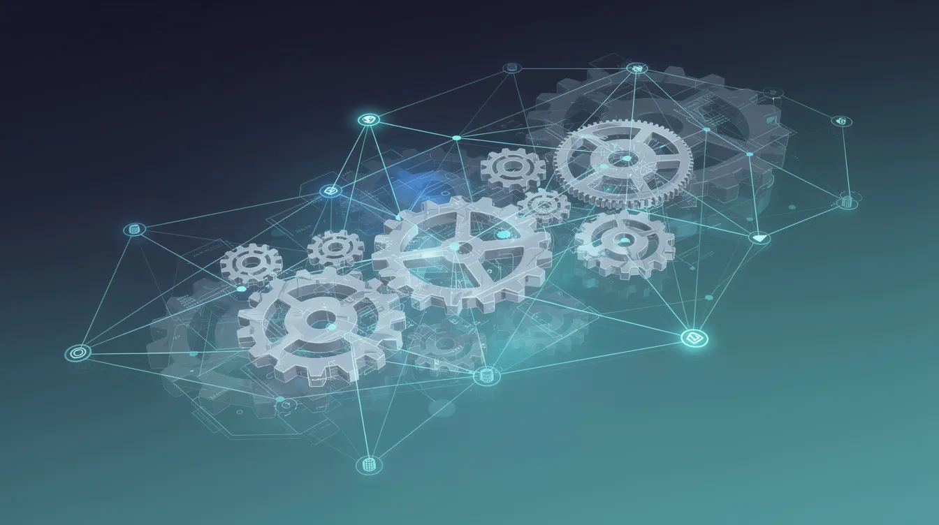 Die abstrakte Darstellung zeigt vernetzte Knotenpunkte und Zahnräder, die symbolisch für automatisierte Arbeitsprozesse in der modernen Arbeitswelt stehen. Diese Elemente repräsentieren die Interaktionen von KI-Systemen und Tools, die Unternehmen dabei unterstützen, Geschäftsprozesse effizienter zu gestalten.