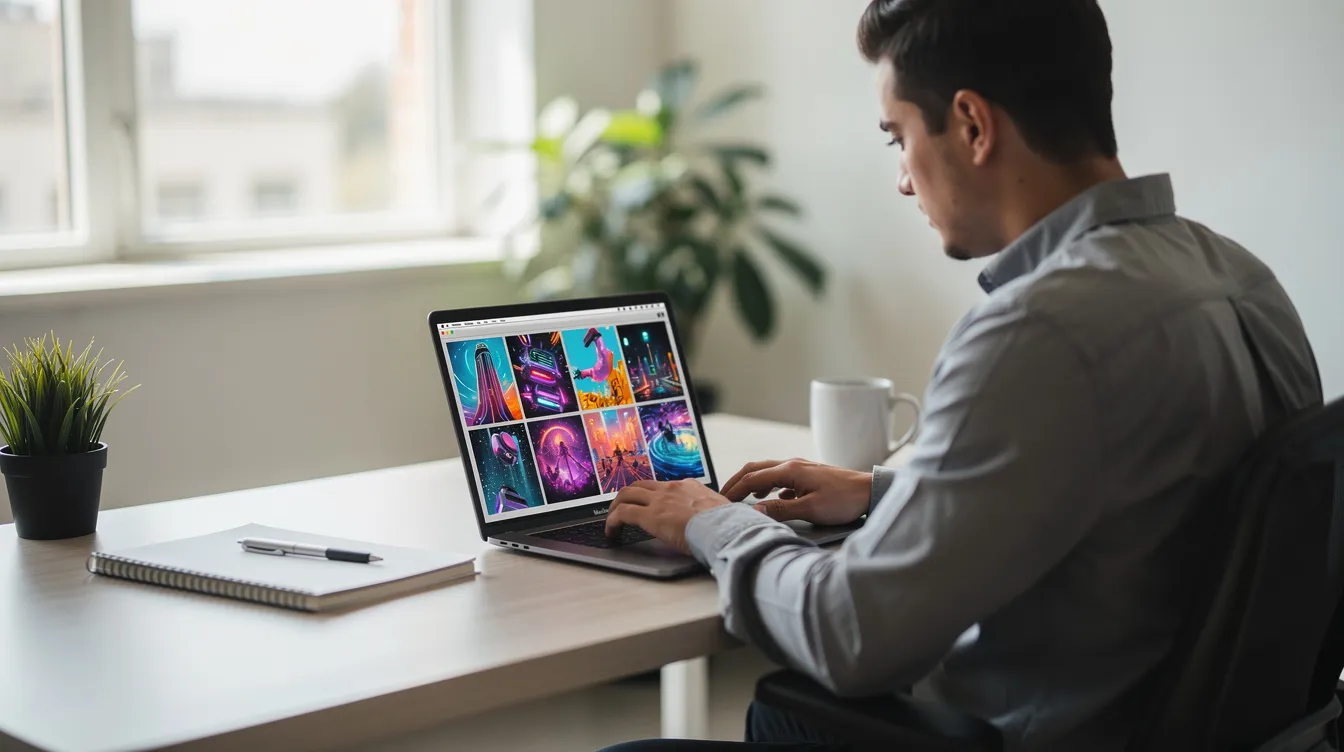 Eine Person sitzt an einem Laptop in einem hellen Arbeitsraum, während auf dem Bildschirm bunte KI-generierte Bilder zu sehen sind. Diese Bilder stammen von einem KI-Bildgenerator und zeigen verschiedene Kunstwerke, die durch Text-zu-Bild-Generierung erstellt wurden.