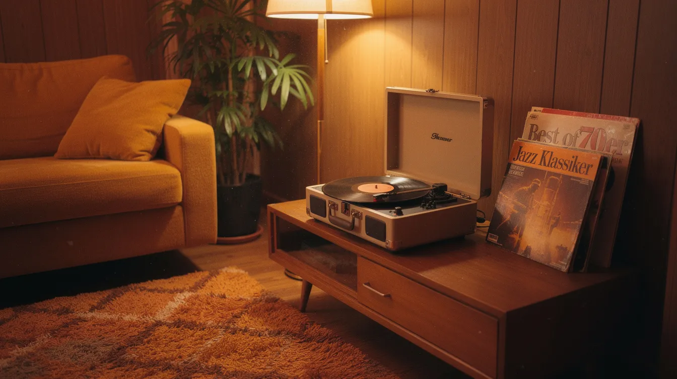 Ein nostalgischer Plattenspieler steht in einem gemütlichen Wohnzimmer im Stil der 1970er Jahre, während eine Schallplatte darauf liegt und sanfte Musik spielt. Die Atmosphäre erinnert an vergangene Zeiten und an Geschichten wie "öyle bir geçer zaman ki", die das Leben und die Familie in Istanbul widerspiegeln.