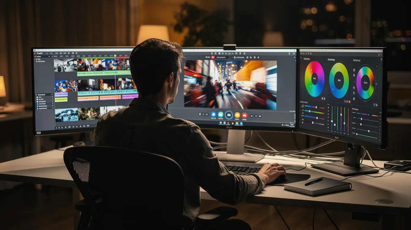 Eine Person sitzt an einem Schreibtisch, umgeben von mehreren Bildschirmen, und bearbeitet kreative Videoinhalte mithilfe von Künstlicher Intelligenz. Die Atmosphäre ist produktiv, während die Person an der Entwicklung von KI-Videos arbeitet.