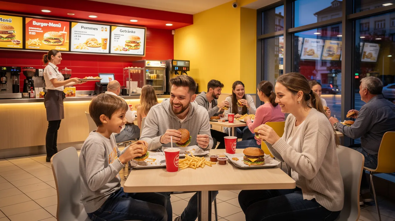 In einem belebten Fast-Food-Restaurant sitzen Familien und Freunde an Tischen, genießen Burger und Drinks. Die Atmosphäre ist lebhaft, während Menschen verschiedene Produkte und Varianten des McDonald's Menüs ausprobieren und miteinander lachen.