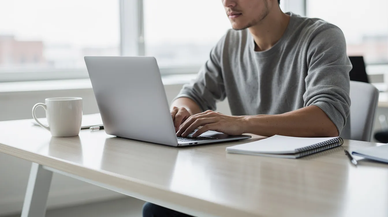 Eine Person sitzt an einem modernen Schreibtisch, arbeitet am Laptop und hat ein Notizbuch sowie eine Kaffeetasse neben sich. Die Umgebung strahlt eine produktive Atmosphäre aus, die ideal für das Studium oder die Analyse von PDF-Dokumenten ist.