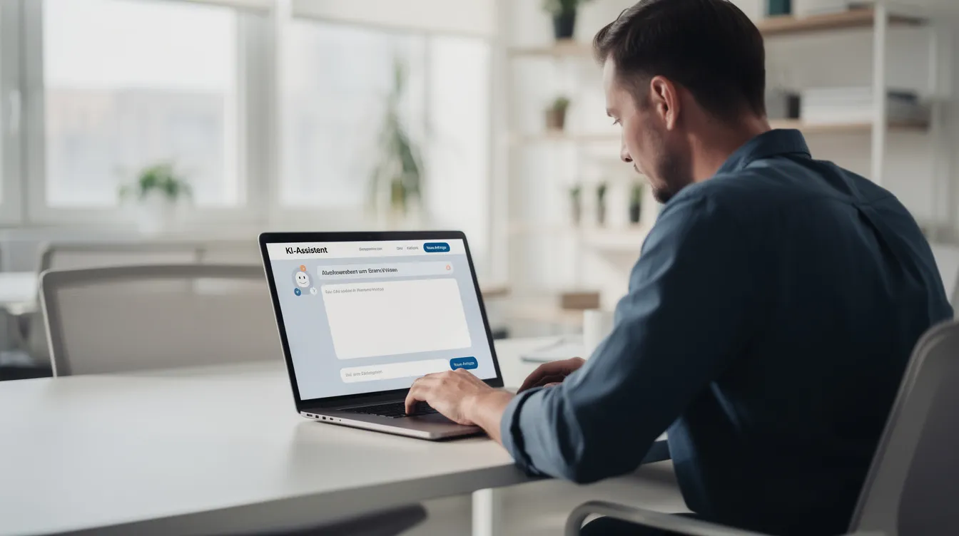 Eine Person arbeitet konzentriert an einem Laptop in einem modernen Büro, auf dem ein KI-Assistent-Interface sichtbar ist, das verschiedene Funktionen und Tools zur Automatisierung und Effizienzsteigerung bietet. Die Umgebung ist hell und modern, was die Innovationskraft des Unternehmens unterstreicht.