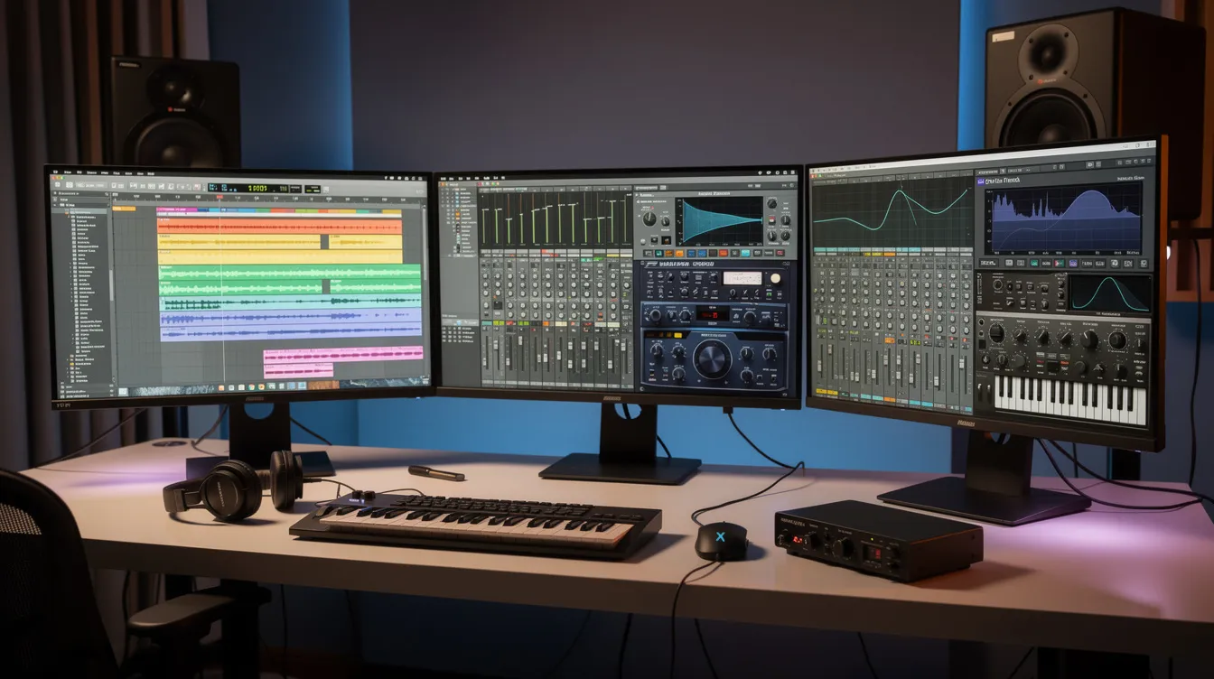 Auf dem Schreibtisch sind mehrere Bildschirme angeordnet, die verschiedene Audio-Software-Interfaces anzeigen, ideal für die Erstellung und Produktion von Podcasts. Diese Anordnung zeigt die vielfältigen Funktionen und Tools, die für die Podcast-Erstellung und -Bearbeitung genutzt werden können.