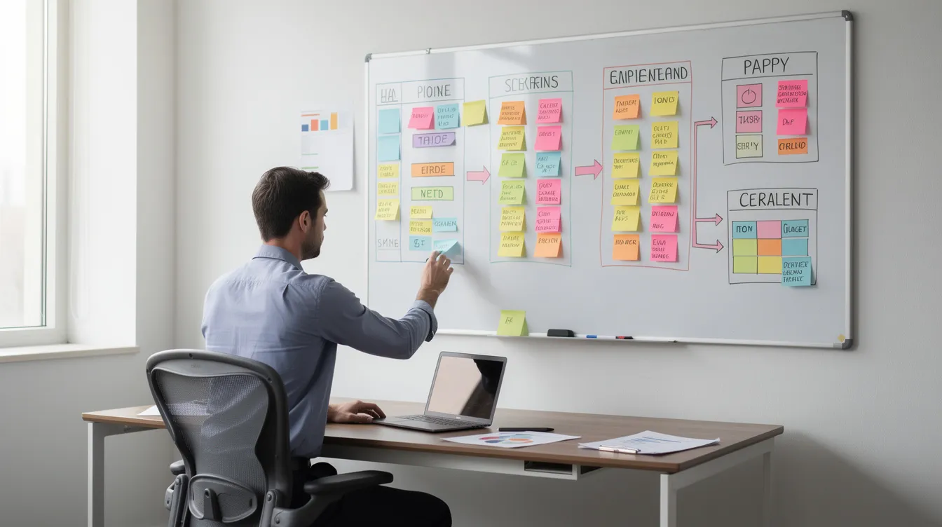 Eine Person sitzt an einem Schreibtisch und strukturiert Content-Blöcke auf einem Whiteboard, um eine effektive Content-Strategie für Online-Marketing zu entwickeln. Die Organisation dieser Inhalte zielt darauf ab, die Sichtbarkeit in Suchmaschinen zu optimieren und die Effizienz von KI-Systemen zu steigern.