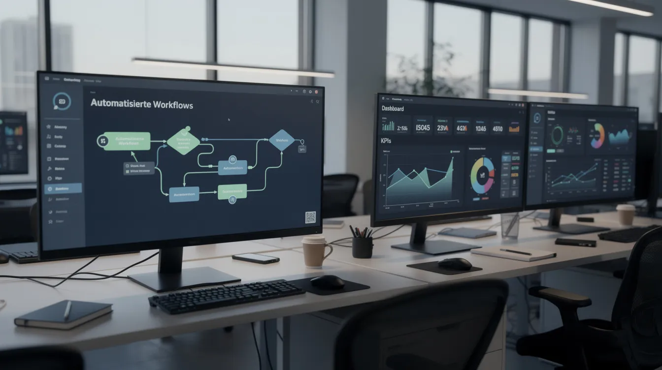 In einer modernen Büroumgebung sind mehrere Bildschirme zu sehen, auf denen automatisierte Workflows und Dashboards angezeigt werden, die den Mitarbeitern helfen, Geschäftsprozesse effizient zu steuern und Entscheidungen zu treffen. Diese Bildschirme unterstützen die Integration von KI-Systemen und Automatisierungstools, um die Produktivität und den Kundenservice zu verbessern.