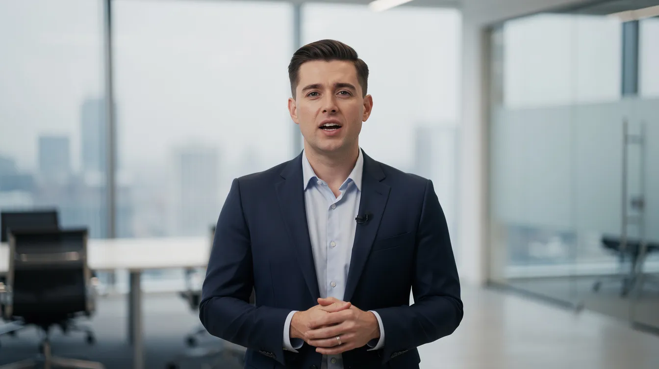 Ein digitaler Avatar in Business-Kleidung spricht in eine Kamera, während er vor einem modernen Büro-Hintergrund steht. Dieser Avatar könnte in Marketing-Videos oder als KI-Video-Generator in sozialen Medien eingesetzt werden.