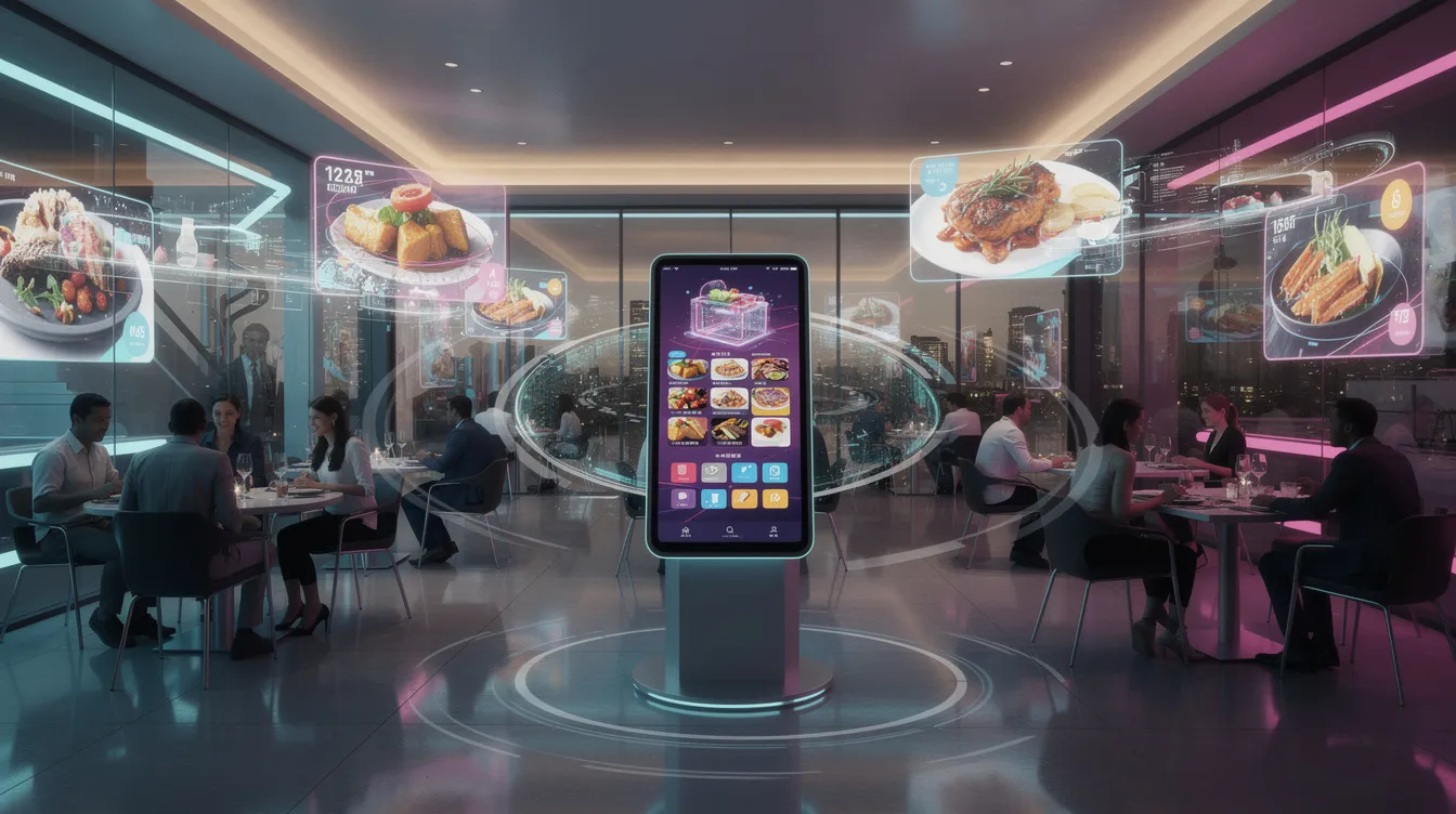 In der futuristischen Restaurantszene sind digitale Bestellterminals und bunte Bildschirme zu sehen, die Werbung für verschiedene Produkte und Aktionen von McDonald's präsentieren. Menschen interagieren mit den Terminals, während im Hintergrund Videos von Burgern und Drinks sowie Informationen über Specials und Happy Meals angezeigt werden.