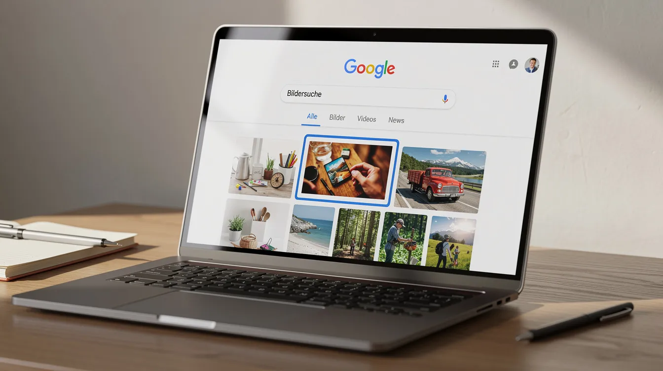 Auf einem Schreibtisch liegt ein Laptop, der die Google-Bildersuche geöffnet hat. Im Suchfeld ist ein Bild sichtbar, das für eine Rückwärtssuche verwendet wird, um Informationen über die Herkunft und die Bildquellen zu finden.