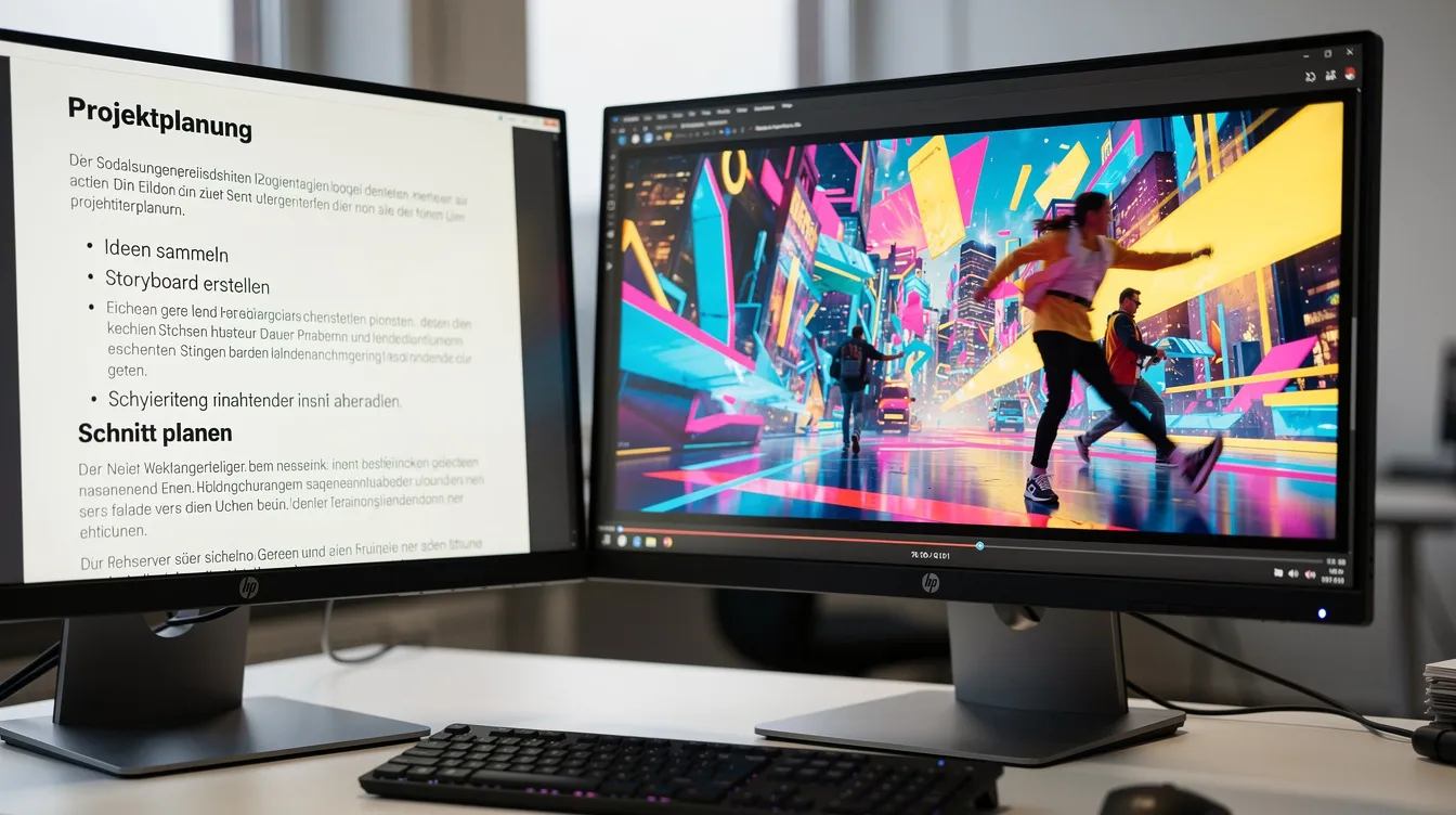 Auf dem geteilten Bildschirm sieht man links ein Textdokument mit handschriftlichen Notizen, während rechts ein fertiges Video mit bunten Szenen auf einem Monitor abgespielt wird. Diese Darstellung könnte die Nutzung eines KI Video Generators zur Videoproduktion veranschaulichen.