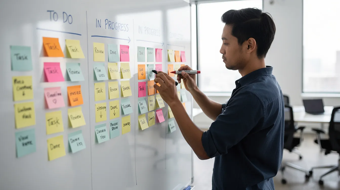 Eine Person steht vor einem Whiteboard und schreibt strukturierte Notizen, während sie einen Arbeitsablauf mit bunten Haftnotizen und Markern plant. Diese Szene zeigt die Interaktion mit KI-Tools und die Anwendung von Prompt Engineering zur Verbesserung der Organisation und Planung.