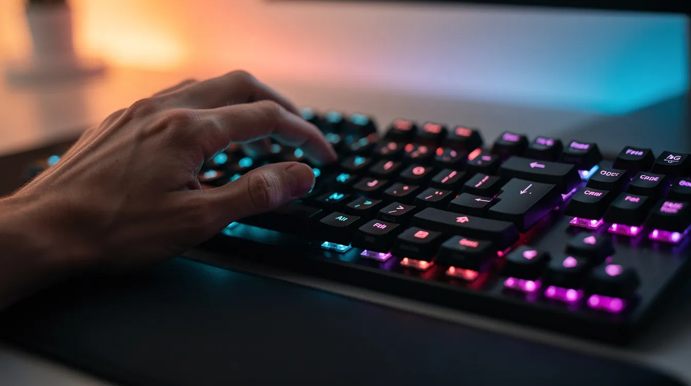 Nahaufnahme von Händen, die auf einer bunten, hintergrundbeleuchteten Tastatur tippen, während im Hintergrund sanftes Ambientlicht strahlt. Diese Darstellung vermittelt ein Gefühl von Kreativität und Produktivität im Kontext der Nutzung von KI-Tools und der Interaktion mit modernen Technologien.