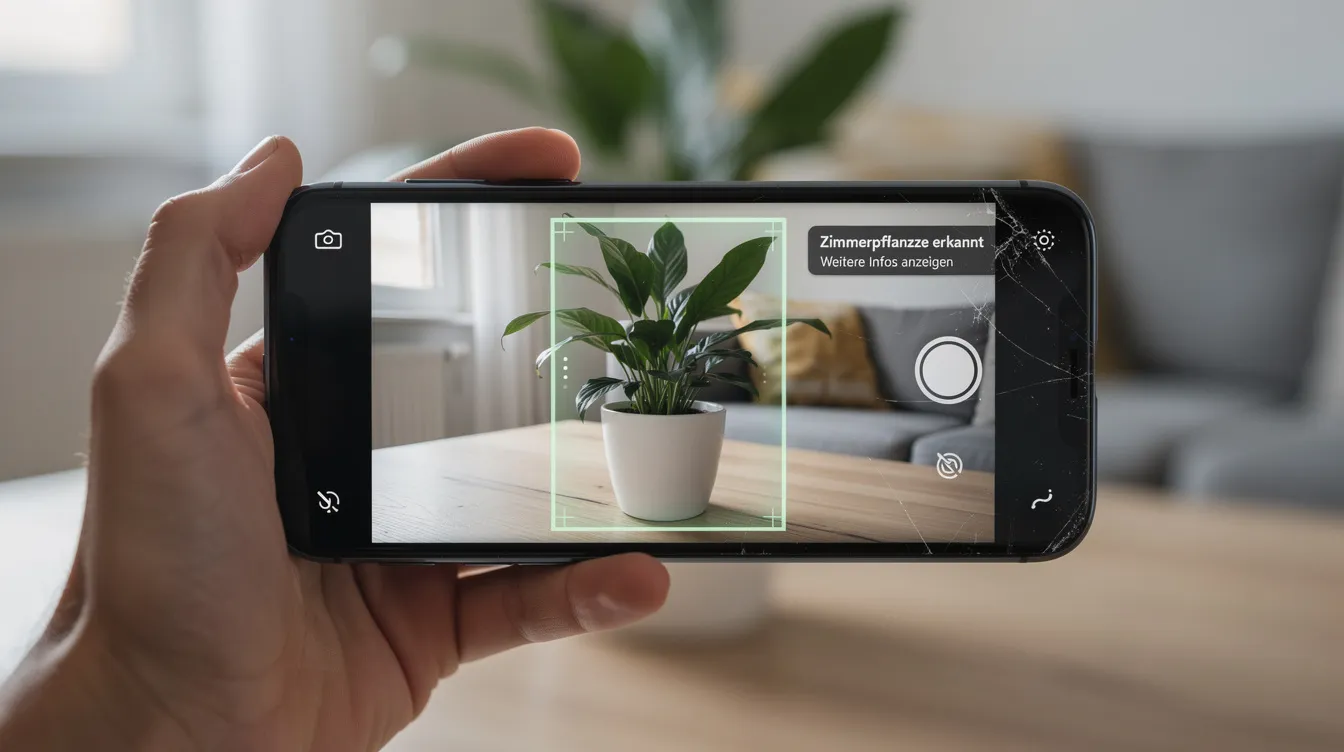 Ein Smartphone zeigt durch die Kamera eine Zimmerpflanze, während eine visuelle Erkennungsanzeige aktiv ist. Das Bild verdeutlicht die Funktion von Google Lens zur Identifizierung von Pflanzen und deren Herkunft.